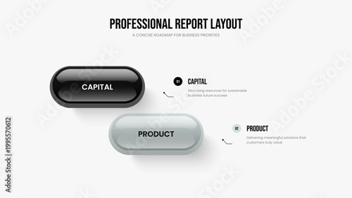 Business Proposal Slideshow Template Vector Illustration. Sales Performance Two Option Infographic Presentation Design. Market Review 2 Step Diagram Frame Layout.