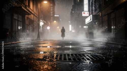 Mysterious silhouette of a person walking down a dark, misty city street during a heavy night rain.