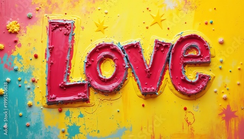 the inscription Love made with paints multicolored and bright on an abstract background, illustration for Valentine's Day