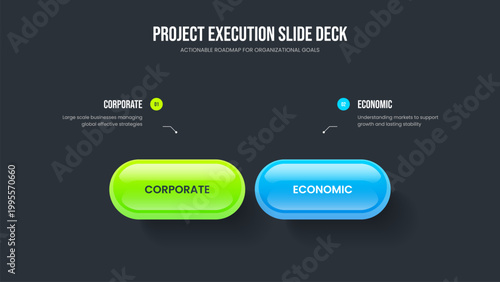 Company Plan Two Element Diagram Slide Template. Enterprise Analysis Frame Layout Vector Illustration. Financial Insight 2 Option Infographic Slideshow Design.