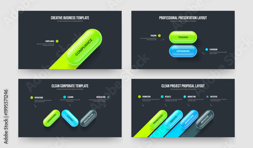 Digital Campaign One Two Three Four Step Diagram Frame Layout Vector Illustration Set. Company Proposal 1 2 3 4 Element Infographic Slideshow Template Bundle.