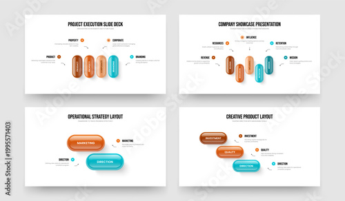 Sales Performance Four Five Two Three Element Infographic Presentation Template Vector Illustration Set. Visual Innovation 4 5 2 3 Option Diagram Slideshow Design Collection.
