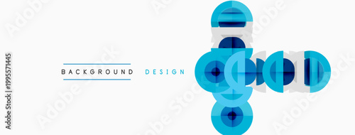 Abstract circles overlap, creating modern design. Blue hues dominate light background. Minimalist aesthetic, geometric shapes present.
