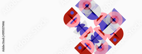 Abstract geometric composition. Overlapping circles, squares, rectangles create dynamic visual pattern. Pink, blue hues dominate white background.