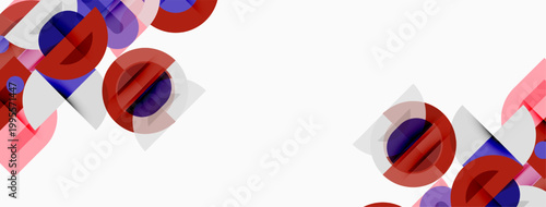 Abstract geometric shapes overlap. Red, purple, pink hues dominate white background. Minimalist design, modern aesthetic.