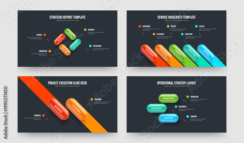 Business Insight Four Five Two Three Step Infographic Slide Layout Vector Illustration Collection. Enterprise Profile 4 5 2 3 Element Diagram Slideshow Design Set.