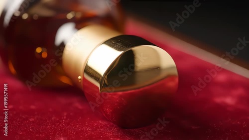 Luxury Perfume Bottle with Gold Cap on Red Velvet.