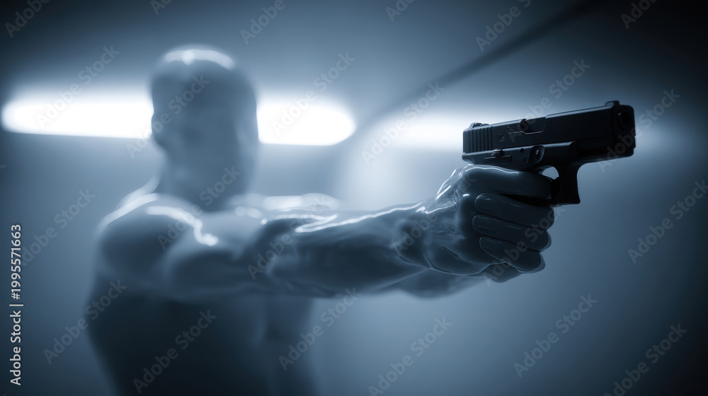 Naklejka premium Silhouette figure aiming handgun in dramatic studio lighting. Tactical training concept for precision performance, focus, self defense practice, security simulation, and controlled shooting 
