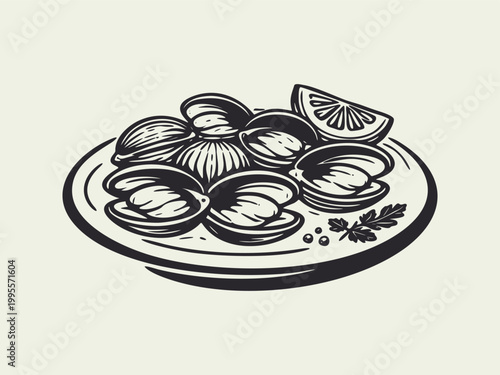 Steamed Clams and Lemon Vintage Illustration