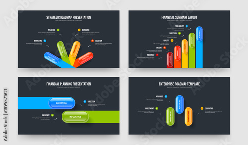 Digital Profile Four Five Two Three Step Diagram Slide Design Vector Illustration Set. Professional Report 4 5 2 3 Option Infographic Frame Layout Collection.