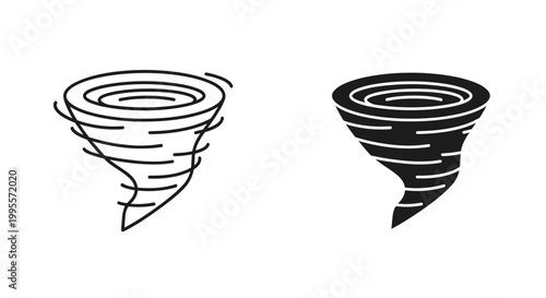 Tornado icon set in outline and silhouette styles, swirling wind storm vector, hurricane and cyclone weather symbols