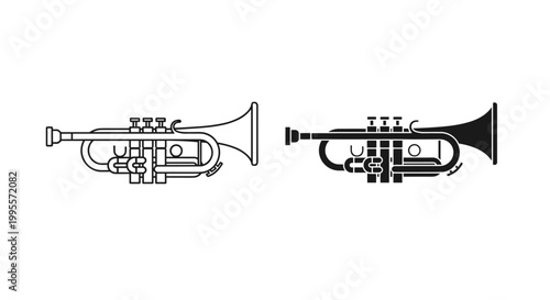 Minimalist trumpet vector icons, black and white brass instrument line art, musical equipment set for jazz and orchestra