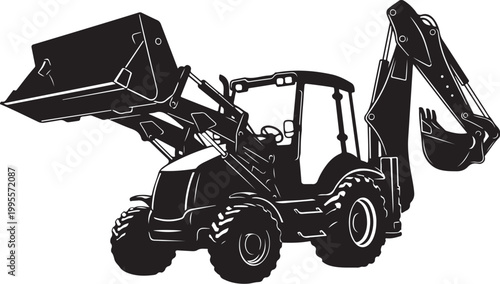 Black and white backhoe loader, excavator illustration, construction vehicle, heavy equipment