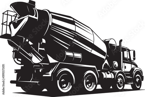 Black cement mixer truck, construction vehicle, industrial illustration, silhouette icon