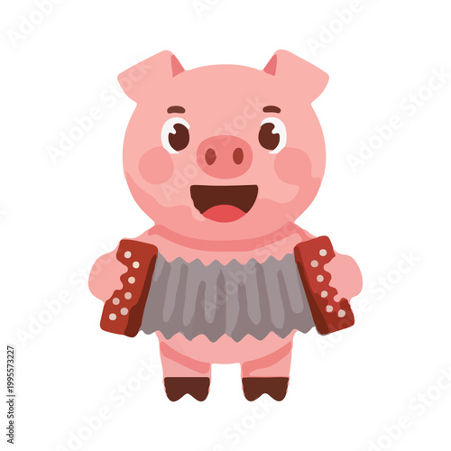 Cute Cartoon Pig Playing Accordion Musical Instrument