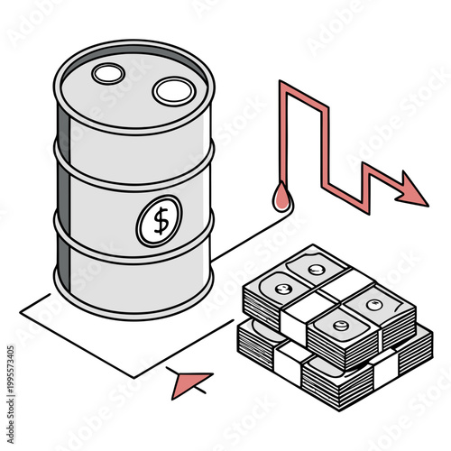 A stylized illustration depicts a barrel with a dollar sign connected by a line to stacks of money indicating financial implications