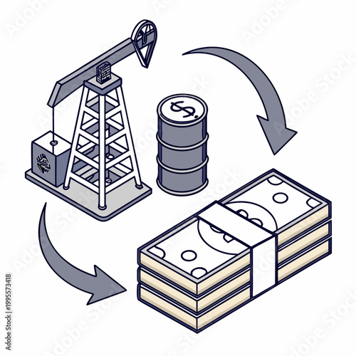 This illustration depicts the financial relationship between oil extraction storage in barrels and the flow of money high quality professional detailed modern