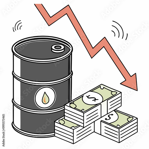 A visual representation depicts a declining trend in oil prices symbolized by a falling arrow above an oil barrel and money