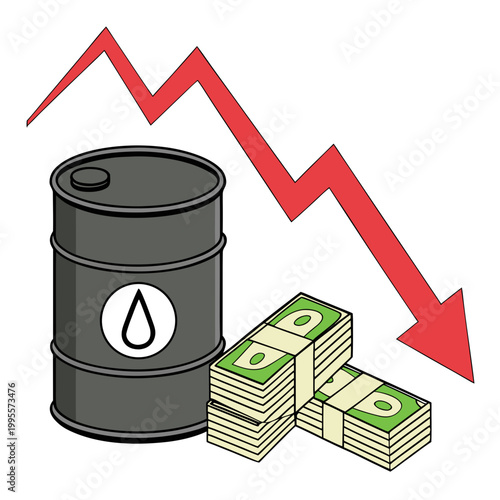 This illustration depicts a falling red line graph alongside an oil barrel and stacks of us currency symbolizing economic decline high quality