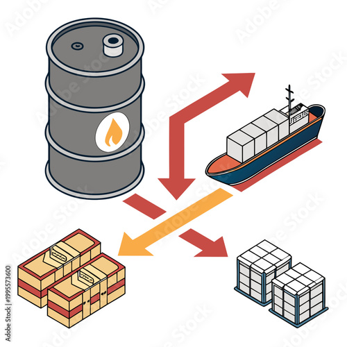 An illustrative depiction showcases the transportation of oil from a large drum to a cargo ship and subsequent delivery of goods
