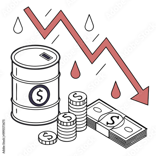 A graphic illustration depicts a declining trend in oil prices alongside falling currency and stacked coins high quality professional detailed modern elegant