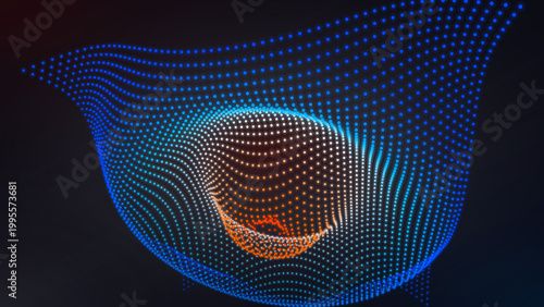 Abstract Blue and Orange Gravity Well Mesh with Glowing Digital Grid and Space