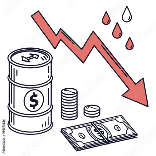 A visual depiction of declining oil prices illustrates a downward trend with a barrel coins and currency high quality professional detailed modern