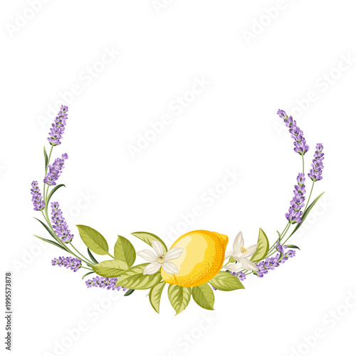 Lavender and lemon wreath on white background