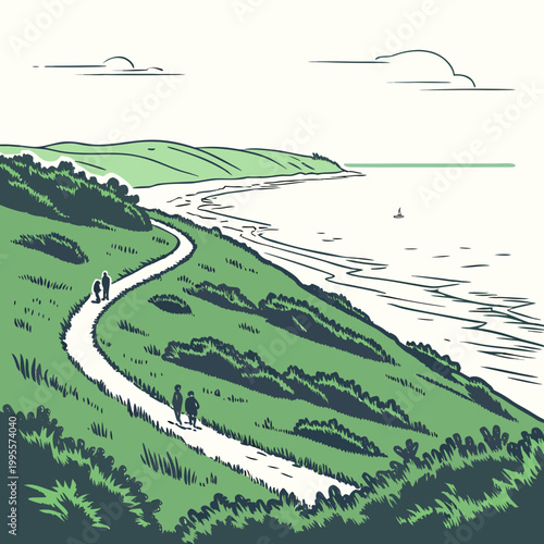 A stylized illustration depicts a winding coastal path with people walking along it overlooking a calm turquoise sea and rolling hills