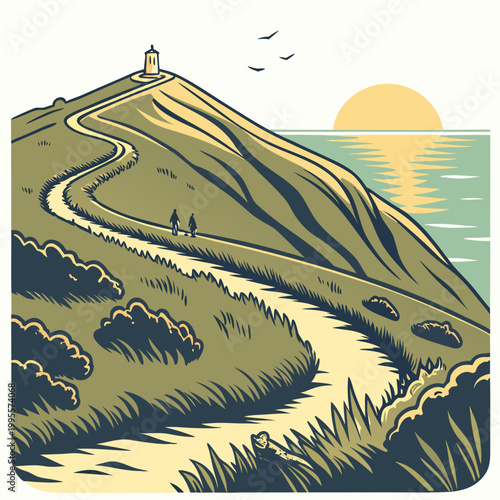 A vintage style illustration depicts a winding road leading up a grassy hill towards a lighthouse under a setting sun high quality