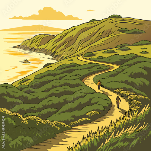 A winding coastal path overlooks a serene ocean view with two figures walking along the trail in a picturesque landscape high quality