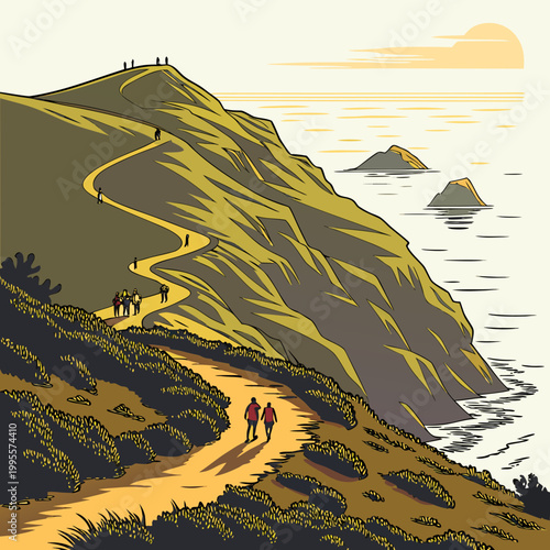 A winding path descends a lush green hillside towards a calm ocean with silhouetted figures strolling peacefully at sunset high quality professional