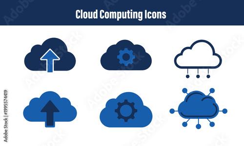 Cloud computing icons showing upload arrow gear settings and network connections for data storage and internet services.