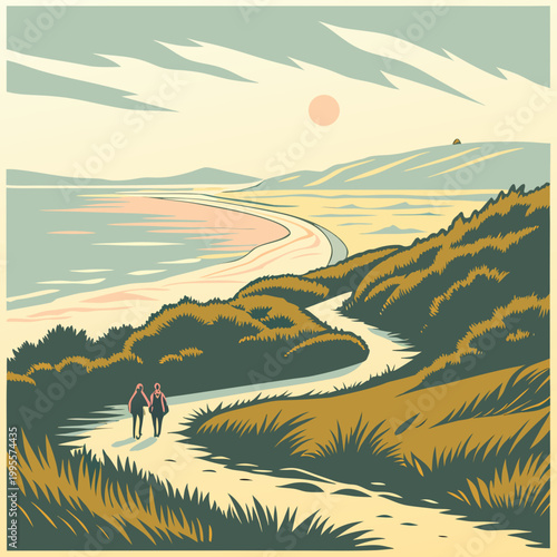 A vintage style illustration depicts two figures walking along a winding path towards a serene beach and distant hills high quality professional