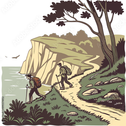 A picturesque illustration depicts two hikers with walking sticks traversing a winding coastal path alongside a dramatic cliffside high quality professional detailed