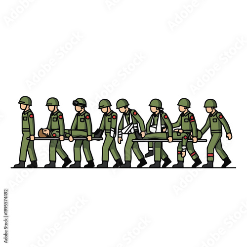 Soldiers carrying a stretcher with a wounded comrade in a green uniform