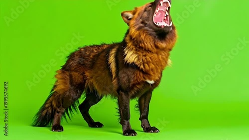 A fierce fox stands on a vibrant green background, showing its teeth.