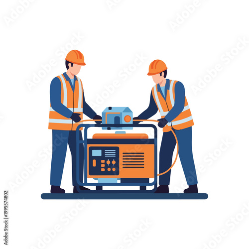 Two workers in safety gear operating a portable generator