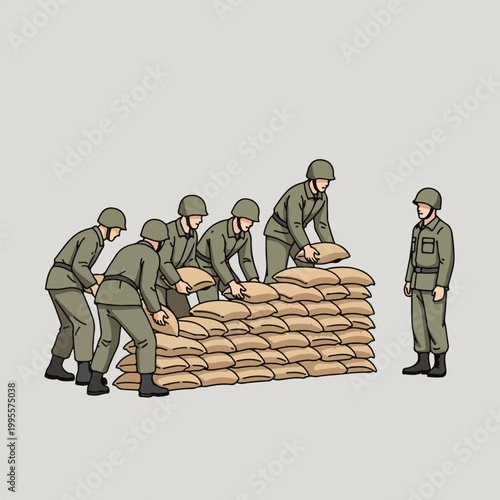 Soldiers building sandbags wall for military defense fortification