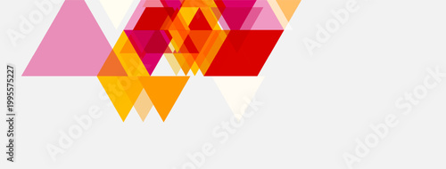 Abstract geometric shapes, triangles, warm colors dominate composition. Minimalist design, modern aesthetic, vibrant hues present.