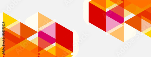 Abstract geometric shapes overlap, creating vibrant orange, red, yellow patterns. Light background enhances visual depth.