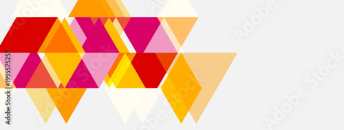 Abstract geometric design. Triangles overlap, creating vibrant color patterns. Orange, red, pink hues dominate composition. Modern aesthetic.