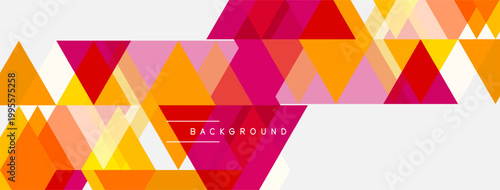 Geometric triangles form vibrant pattern. Orange, pink, yellow hues dominate design. White space provides contrast, clean aesthetic.