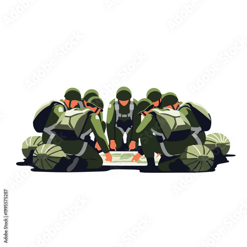 Soldiers in green uniforms and helmets gathered around a map