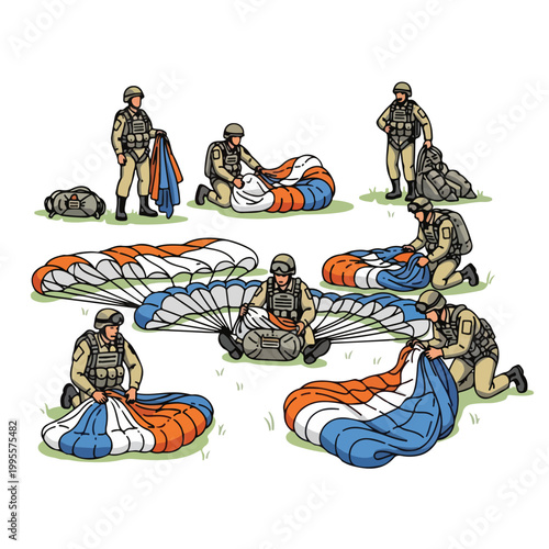 Military personnel preparing and inspecting parachutes on ground