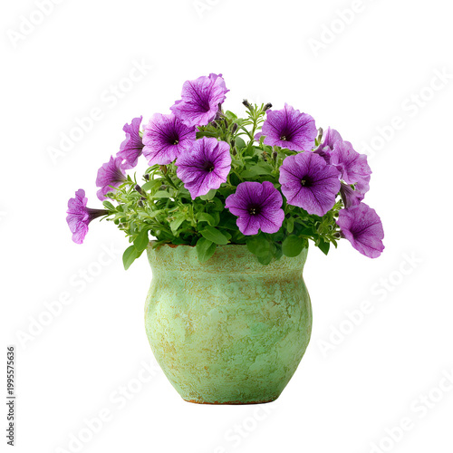 Vibrant purple petunia flowers in textured green ceramic vase on white background