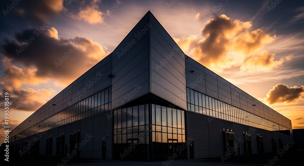 Obraz premium Modern Warehouse Architecture at Sunset Dramatic Sky Industrial Building Exterior Logistics Hub Facade Commercial Real Estate