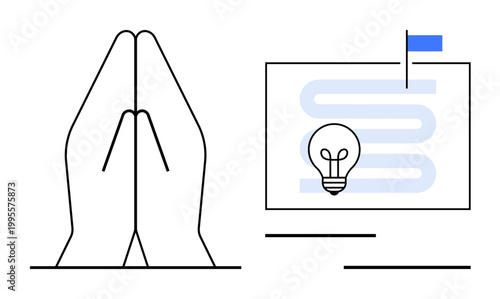 Mindfulness concept. Hands in prayer and light bulb focus, strategic thinking, and innovation ideas. Mindfulness enhances creativity, productivity, and problem-solving. For wellness, innovation