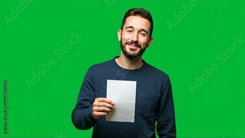 Man holding blank paper on green screen.