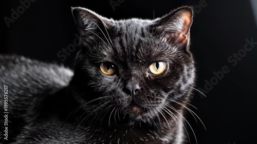 Close-up portrait of a black cat with yellow eyes against a black background.